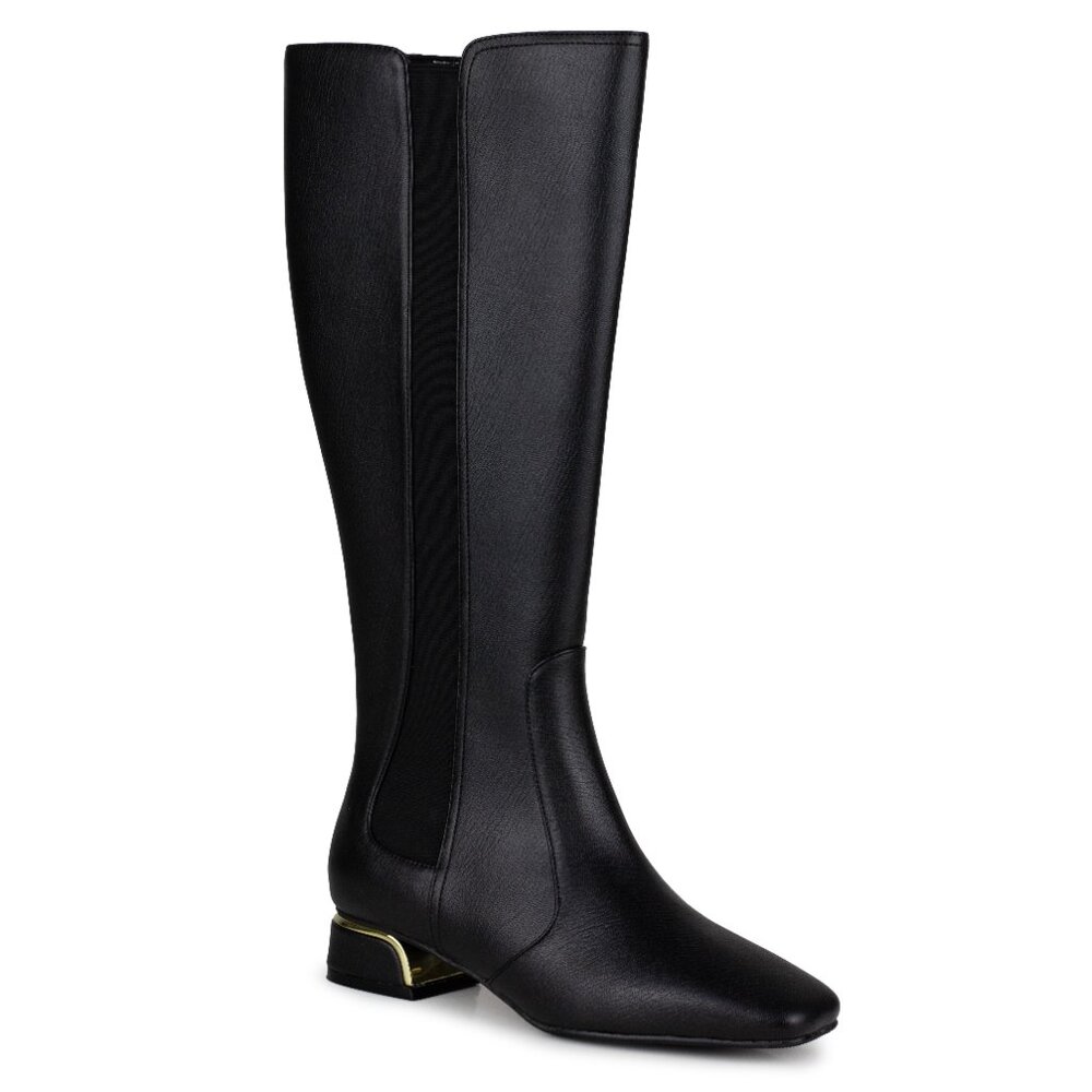 Modern Knee High Tall Goring Riding Women Black Leather Pointed Boots